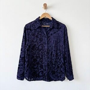 Vintage Purple Velvet Burnout Floral Mesh Button Up Blouse Sheer Whimsigoth Top